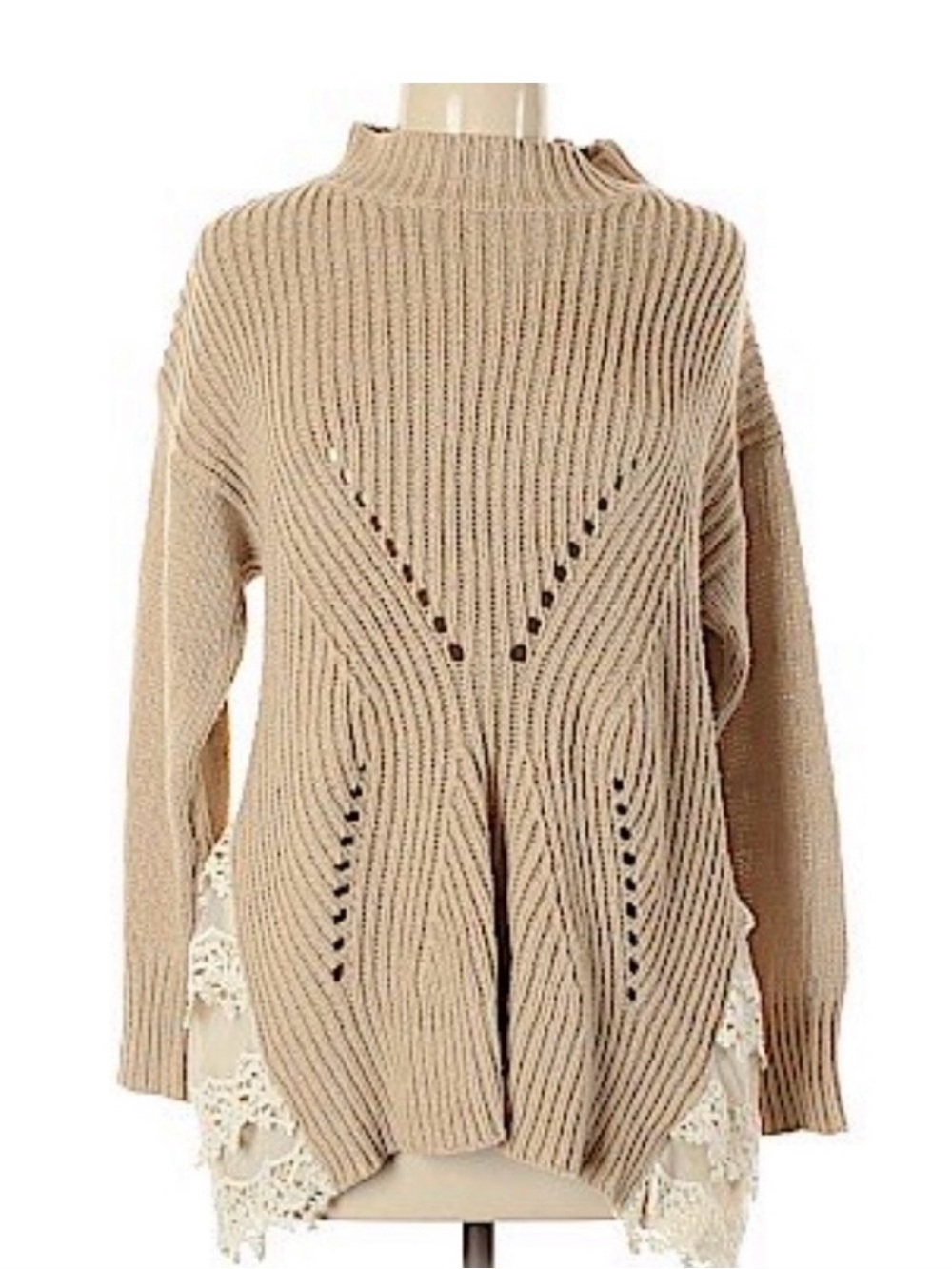 Ryu Chunky Knit Mock Neck Lace Trim Sweater Tunic Beige M/L Boho Cottagecore